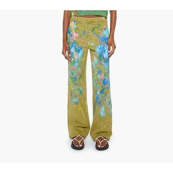 MOTHER Paint Splatter Wide Leg Pants Olive Green Women's Size‎ 28